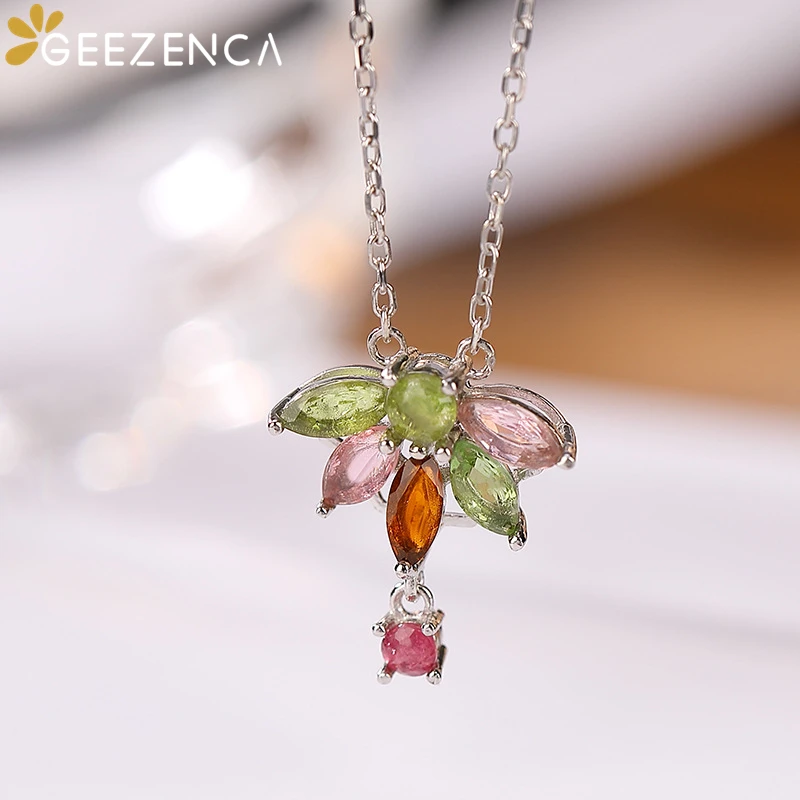 

GEEZENCA 925 Silver Tourmaline Butterfly Necklace For Women Luxury Elegant Colored Stone Pendant Necklaces 2022 New Trend Gift