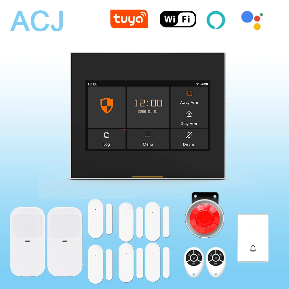 

ACJ Home Security Alarm System Kits Tuya Smart For Garage Residential and Shop Wireless Touch WIFI + GMS Support Samrtlife APP