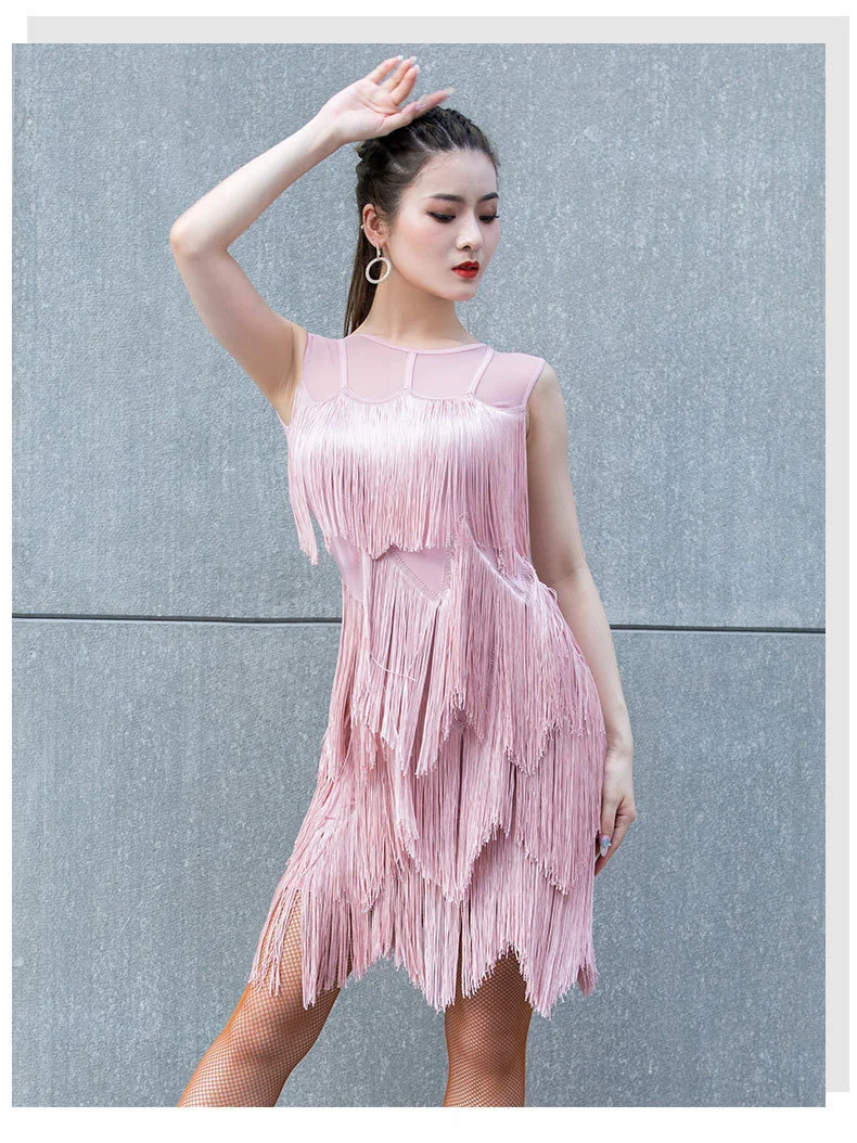 

2023 Women Salsa Samba Sling Dress Sleeveless Girls Fringes Costume Elegant One-Piece Mesh Latin Dance Competition Dresses