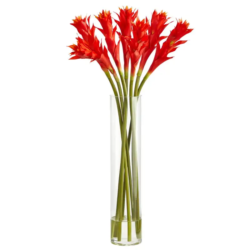 

28in. Star Bromeliad Artificial Arrangement in Cylinder Vase Wedding Party Vase Home Autumn Decoration Fake Flower