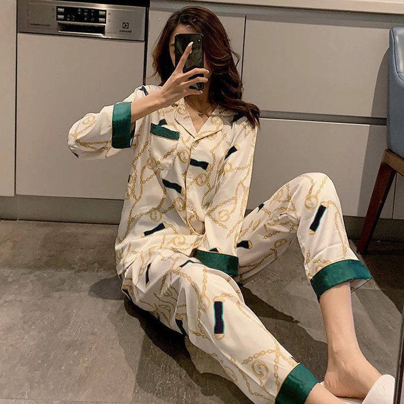 Man Women Silk Pajamas Suits Girls Spring Long-sleeve Thin Section Sweet Korean Version Silk Home Clothes