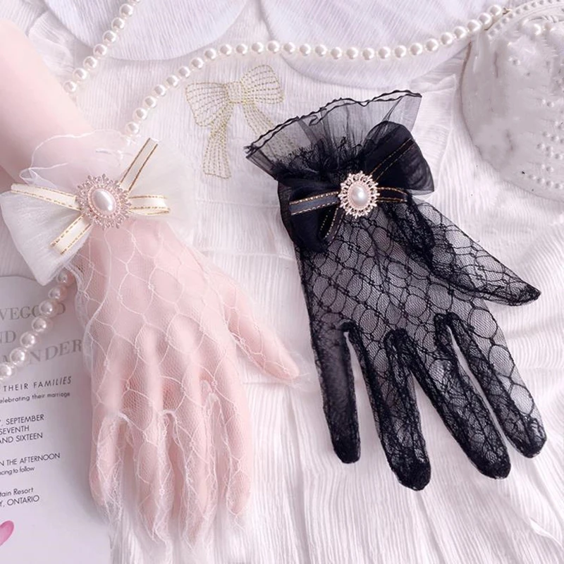 

Japanese Soft Girl Black White Lace Gloves Girl gothic Lolita Mesh Bow Flower Lace Gloves Sweet Wristband Maid Cosplay Jewelry