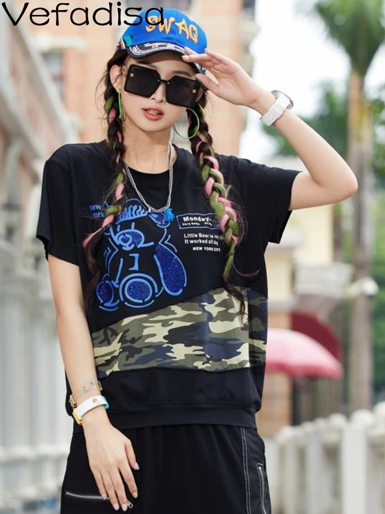 

Vefadisa 2023 Summer Women T-shirt Casual Fashion Cartoon Letter Print Top Personalized Trendy Girl Hip Hop Short Sleeve ZY1650