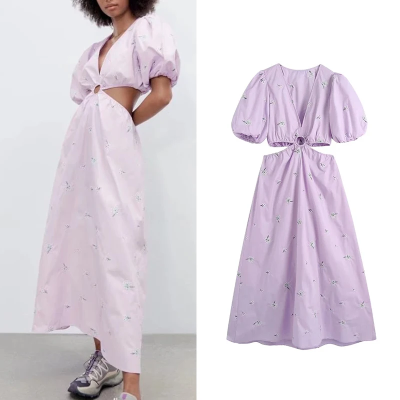 

Summer 2022 Women Hollow Out Embroidery Poplin Dress V Neck Short Sleeve Ladies High Street Long Dress Vestidos BB22756