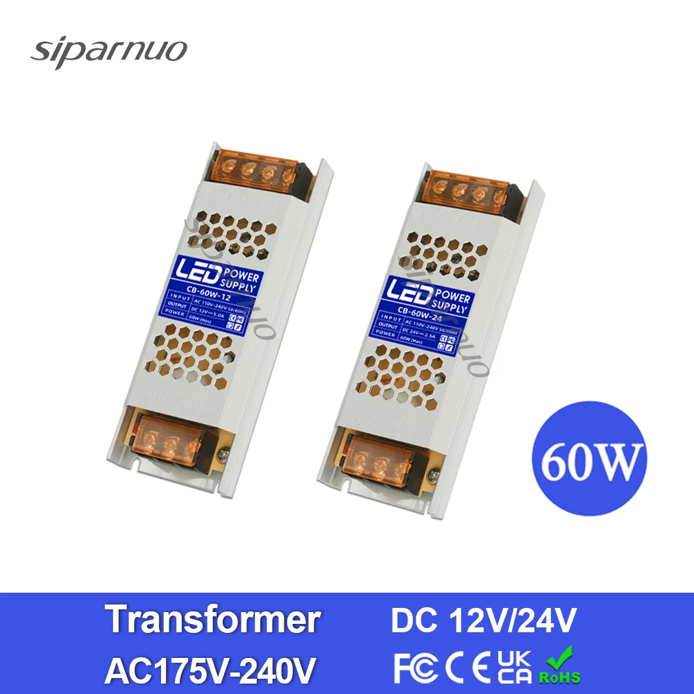 Siparnuo Ultra Thin Led Power Supply DC 12V 24V Smooth Lighting Transformer Adapter 60W AC190-240V Driver For WS2815 LED Strip