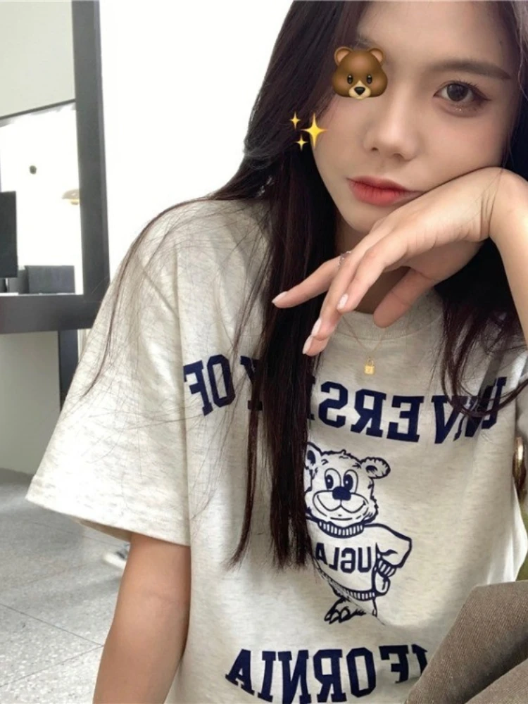 

2022 Spring and Summer New Korean Ins Women's Fashion Loose Bear Basic Short-sleeved T-shirt tops graphic tee