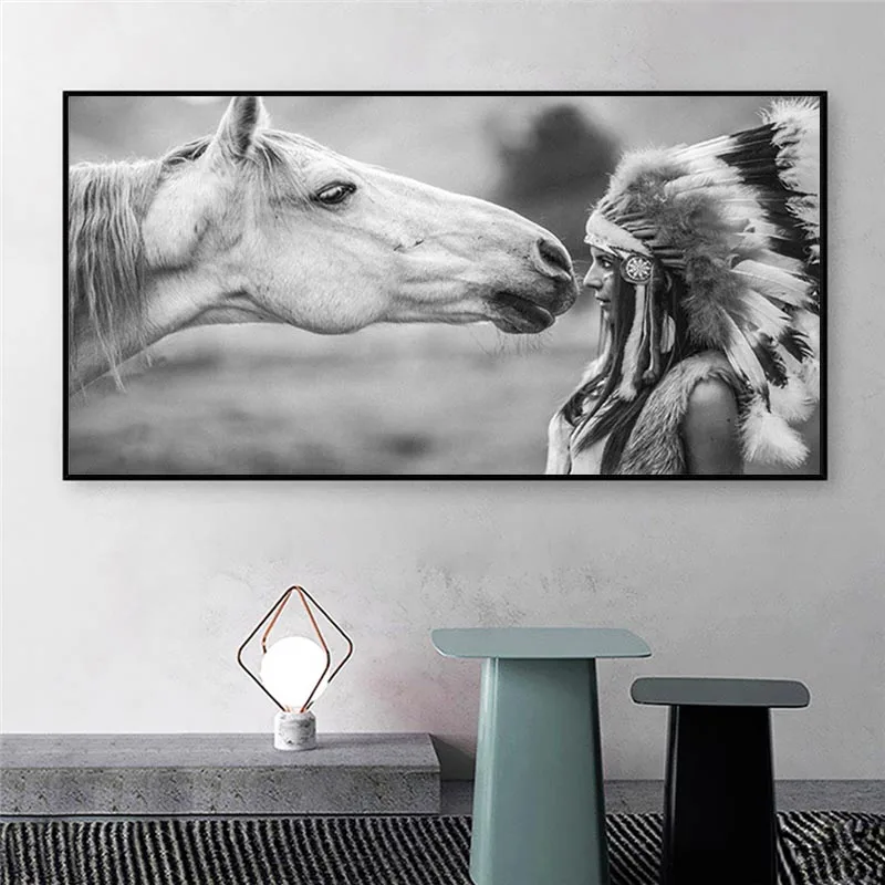 

Indian Woman and White Horse Canvas Painting New Posters and Prints Wall Pictures Painting For Living Room Wall Restaurant Decor