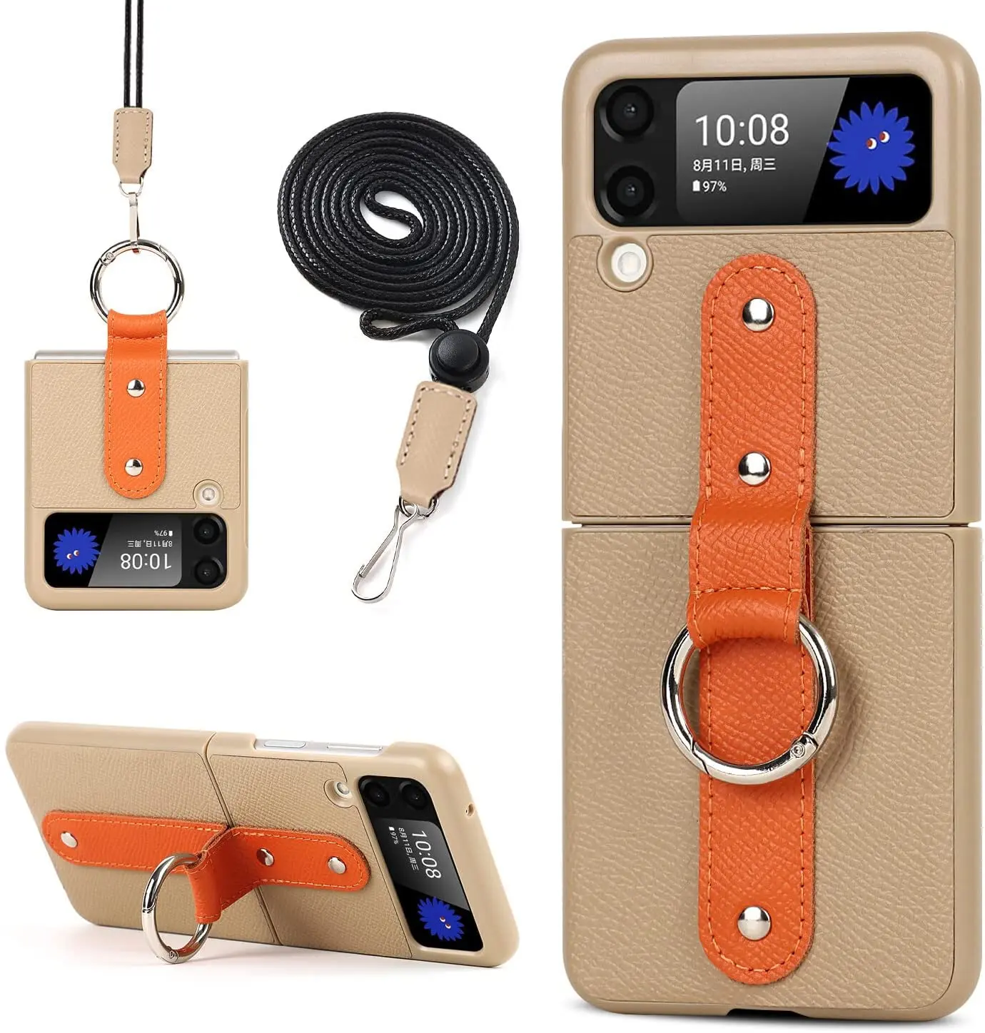 

For Samsung Galaxy Z Flip 3 5G Cases, Luxury Genuine Leather Shockproof Case with Ring Stand for Galaxy Z Flip3 5G zflip3 Case