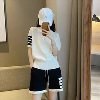 tb lapel knitted ice silk short sleeved womens summer ring star puppy pattern white t shirt college style age reducing top