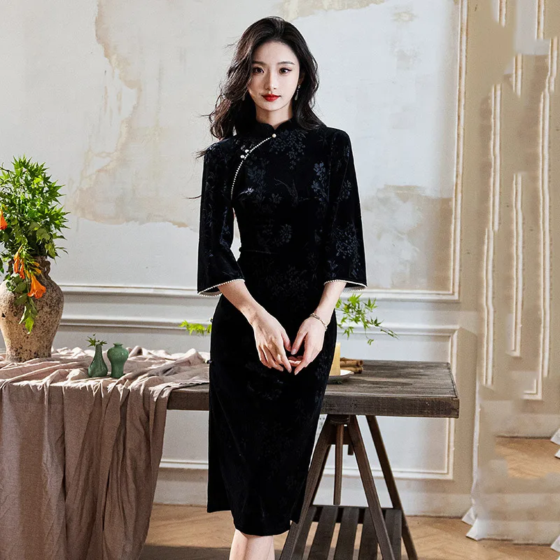 Черное бархатное длинное платье Cheongsam в китайском стиле новое облегающее