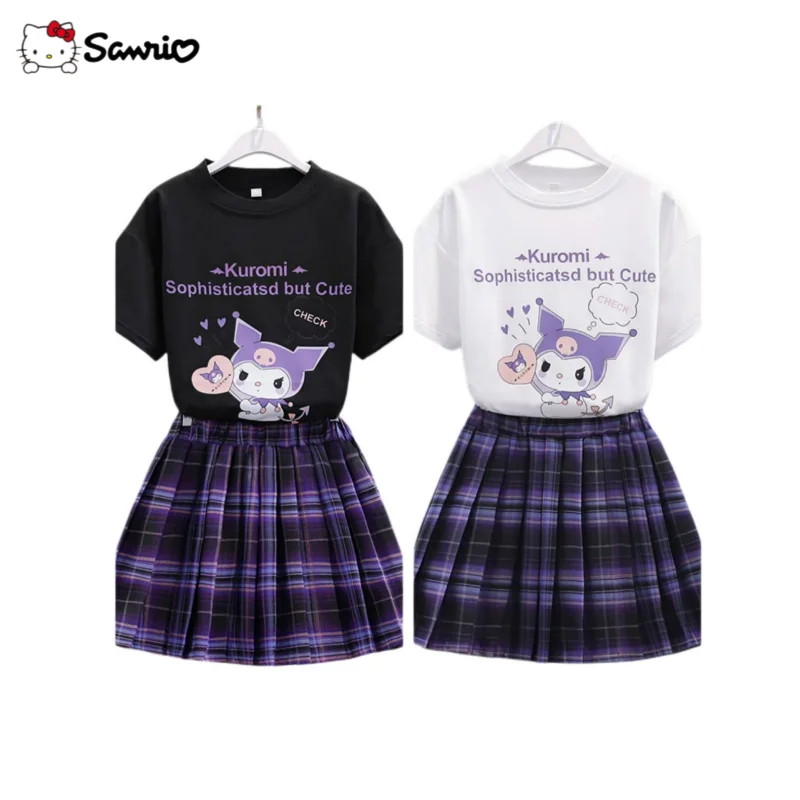 

New Sanrio Anime Peripheral Kuromi Kawaii Girls Suit Summer College Style Western Style Girl Student Pleated Skirt Two-piece Set