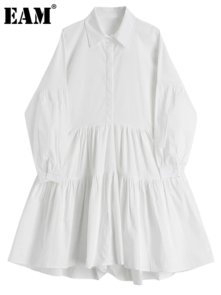 

[EAM] Women White Pleated Ruffles Long Shirt Dress New Lapel Long Sleeve Loose Fit Fashion Tide Spring Autumn 2022 1DE1344