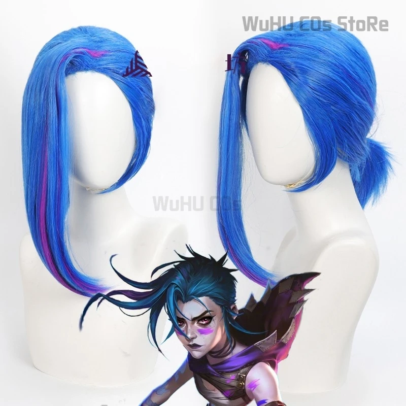 Arcane Season 2 Jinx Передний парик шнурка Игра Косплей Женщины Синий 45 см Челка Короткие