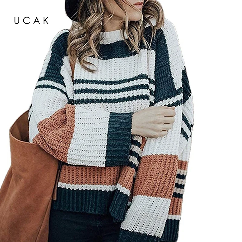 

UCAK New Fall winter 2022 women's striped knit pullover long sleeve loose sweater