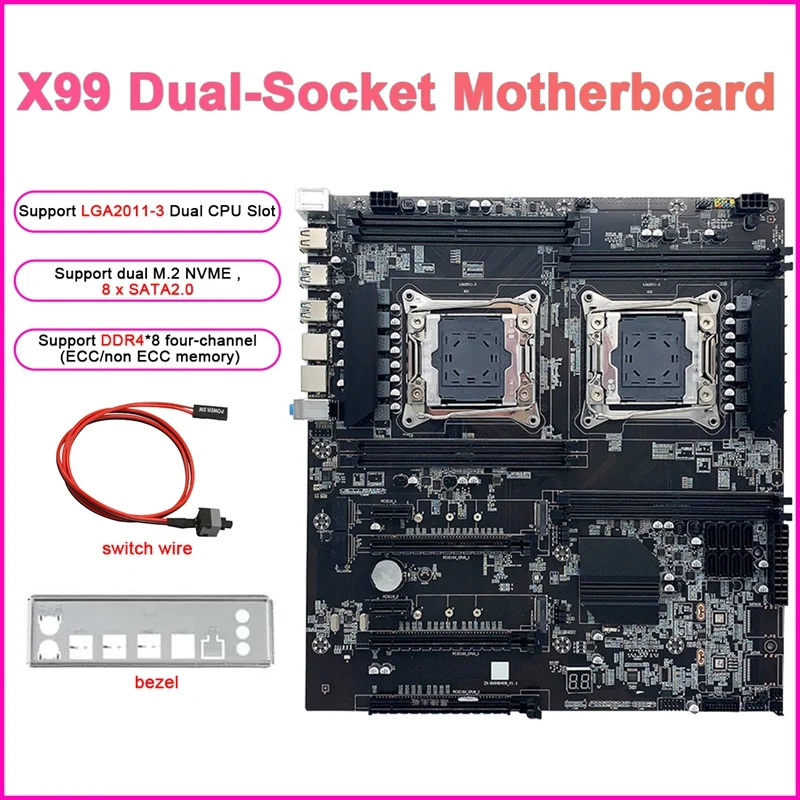 

X99 Dual-Socket Mining Motherboard With Switch Cable+Bezel LGA2011-3 Dual CPU DDR4 Memory Slot 8XSATA2.0 M.2 Motherboard
