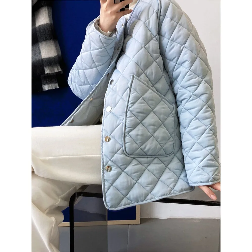 B-TOTO Cotton Coat Rhomboid Cotton Padded Jacket Women's Autumn Winter Solid Color Singel Button Loose Fashion Small Warm Coat