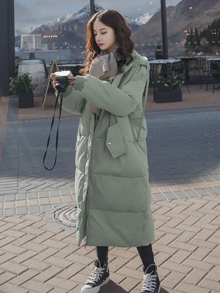 Women's Korean  Mid-Length Zipper Down Padded Jacket Winter Thick With Hood Coat Female Fashion Bread Outwear