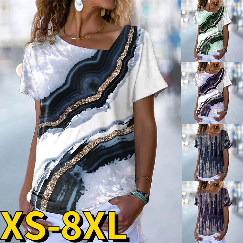 

2022 New Women Vintage Prints T Shirt Short Sleeve V-Neck Loose Pullover Ladies Casual Tops Size Summer Oversized Streetwear Tee