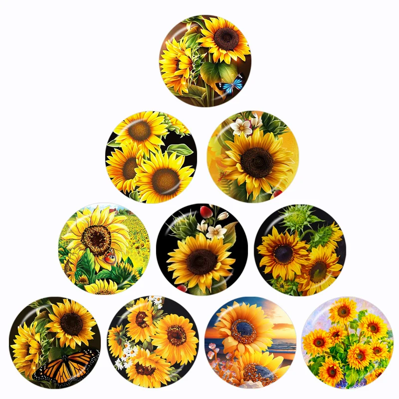 

New Love Sunflower Art Paintings 10 Pcs 12mm/16mm/18mm/20mm/25mm/30mm Round Photo Glass Cabochon Demo Flat Back Making Finding