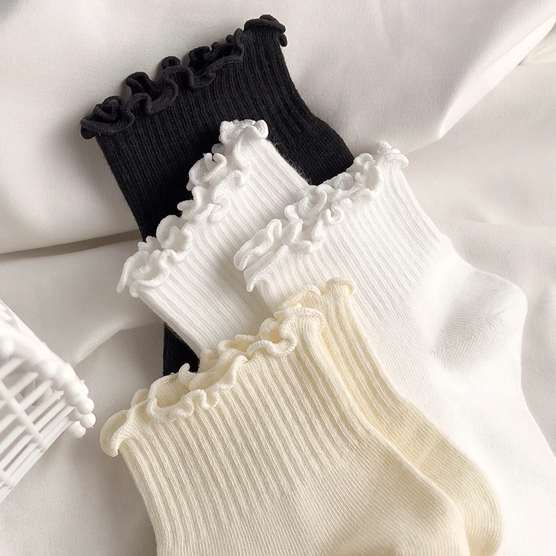 Cotton Socks Women INS Fashion Summer Cute Kawaii Solid Luxury Korean Japanese Ruffles Ankle Girl Spring Black White Middle Tube