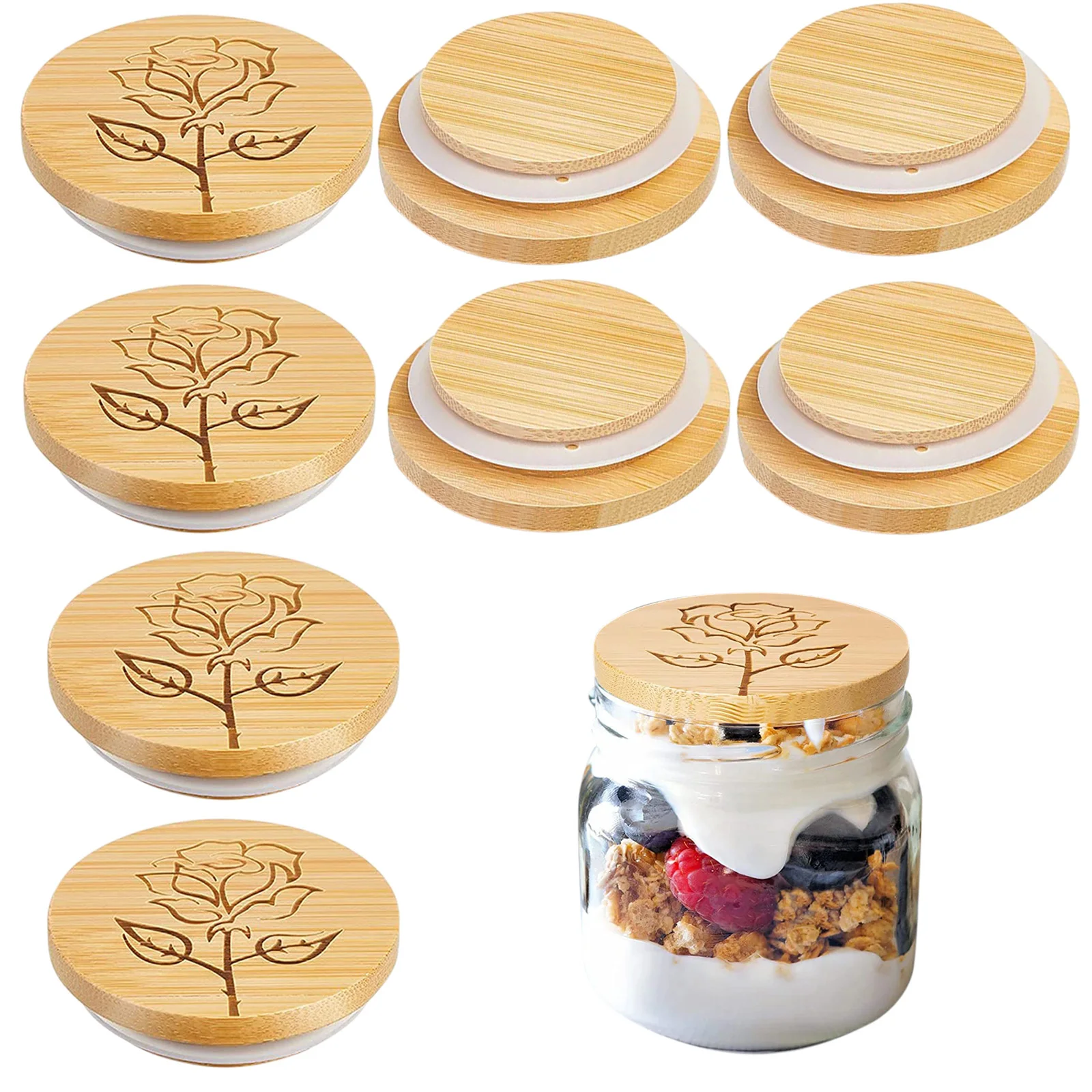 

Reusable Bamboo Caps Mason Jar Lids Covers Silicone Sealing Wooden Fresh-Keeping Lids Drinking Canning Jars Supplies