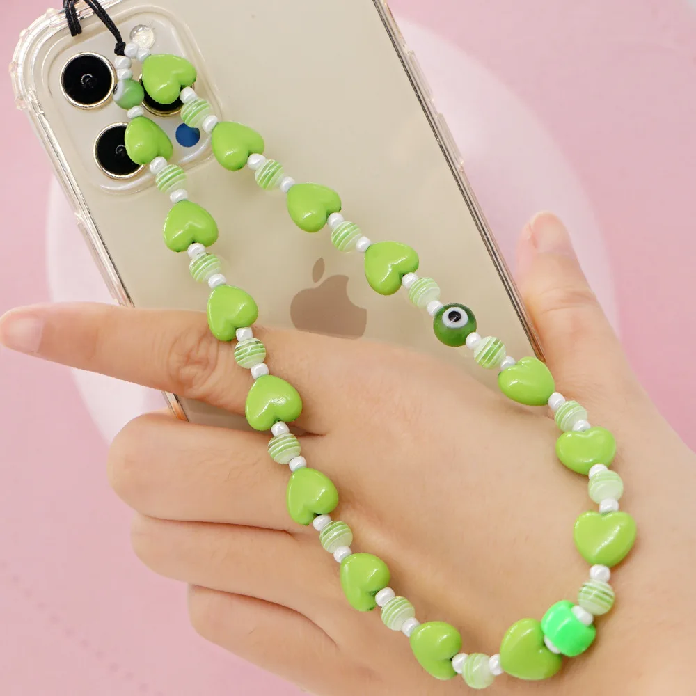 Green Series Acrylic Heart Beaded Lanyard Fashion Wristband Ladies Anti-Lost Ornament Mobile Phone Chain Trend Jewelry Accessory