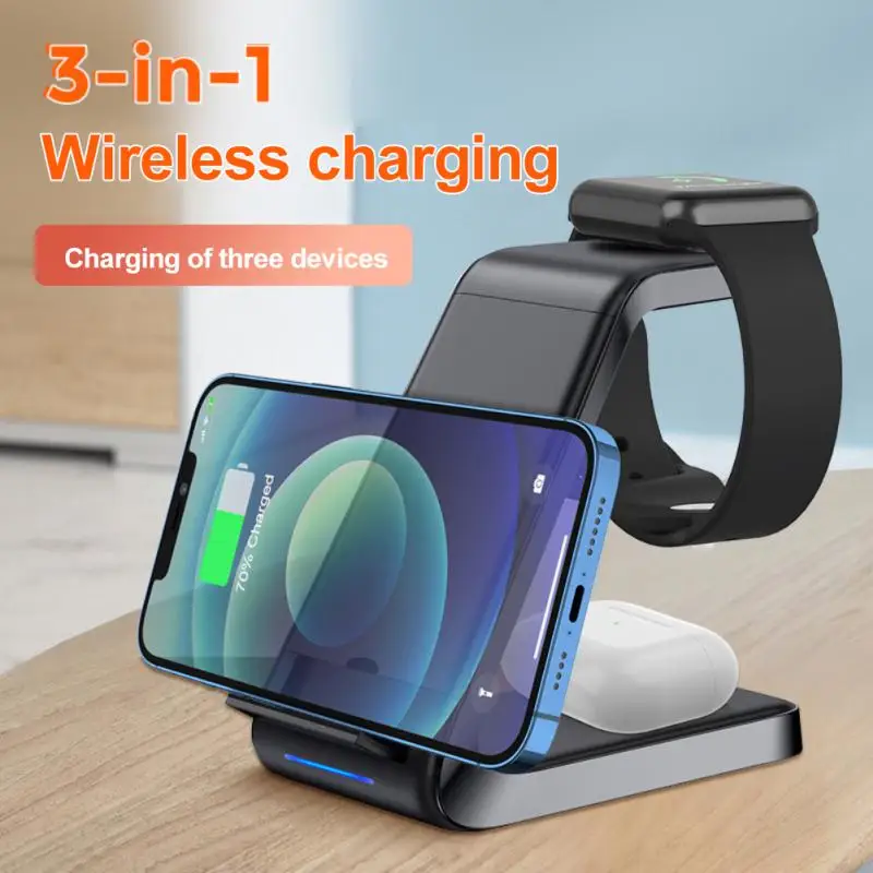 

15w Smart Charging Indicator Led Universal Mobile Phone Wireless Charger Type-c Charging Station Phone Accessories 3-in-1