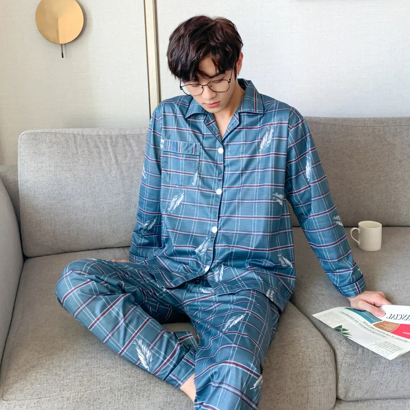 CAIYIER Striped Men Sleepwear Long Sleeve Cardigan Long Pants Nightwear Male Pyjama Autumn Winter Loounge Wear Plus Size 2XL-4XL