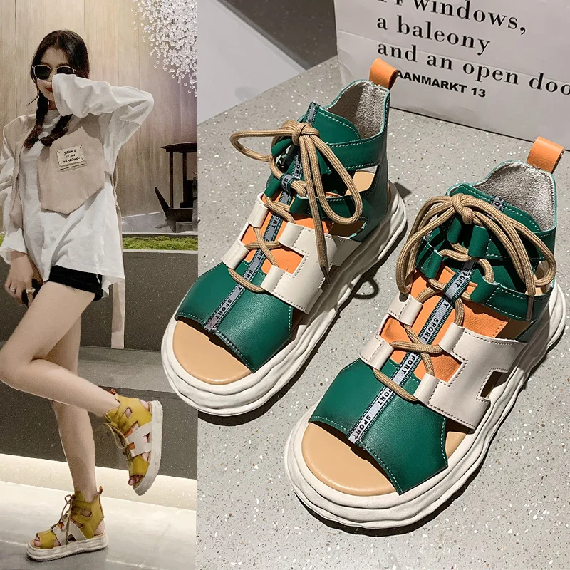 

Roman Sandals Women's Internet Celebrity Color Matching Lace-up Peep Toe Sandals Trendy Grace Dissolved Bottom Pumps Wholesale