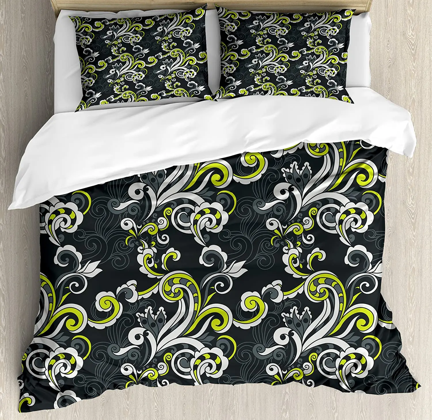 

Floral Bedding Set For Bedroom Bed Home Vintage Foliage Ornate Motif with Swirling Leaves Duvet Cover Quilt Cover And Pillowcase