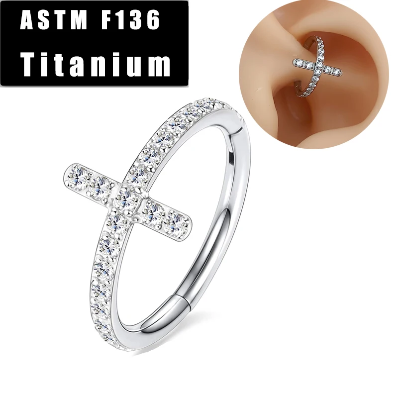 

ASTM F136 Titanium Nose Ring Daith Earrings Ear Piercing Cross Zircon Septum Clicker Helix Cartilage Tragus Lip Stud Jewelry
