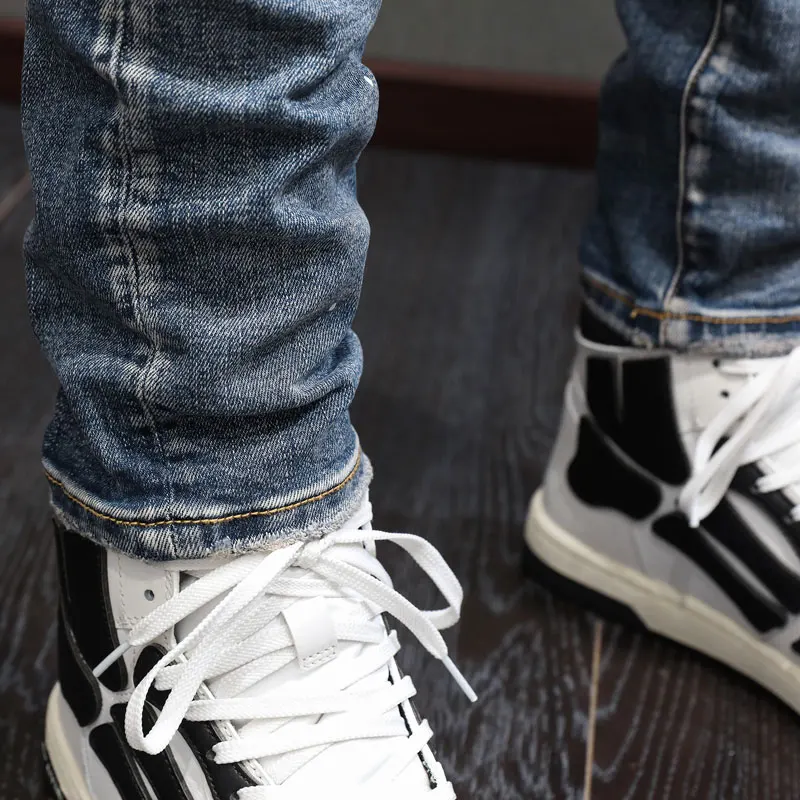 Уличные модные мужские джинсы в стиле ретро потертые синие Стрейчевые рваные с