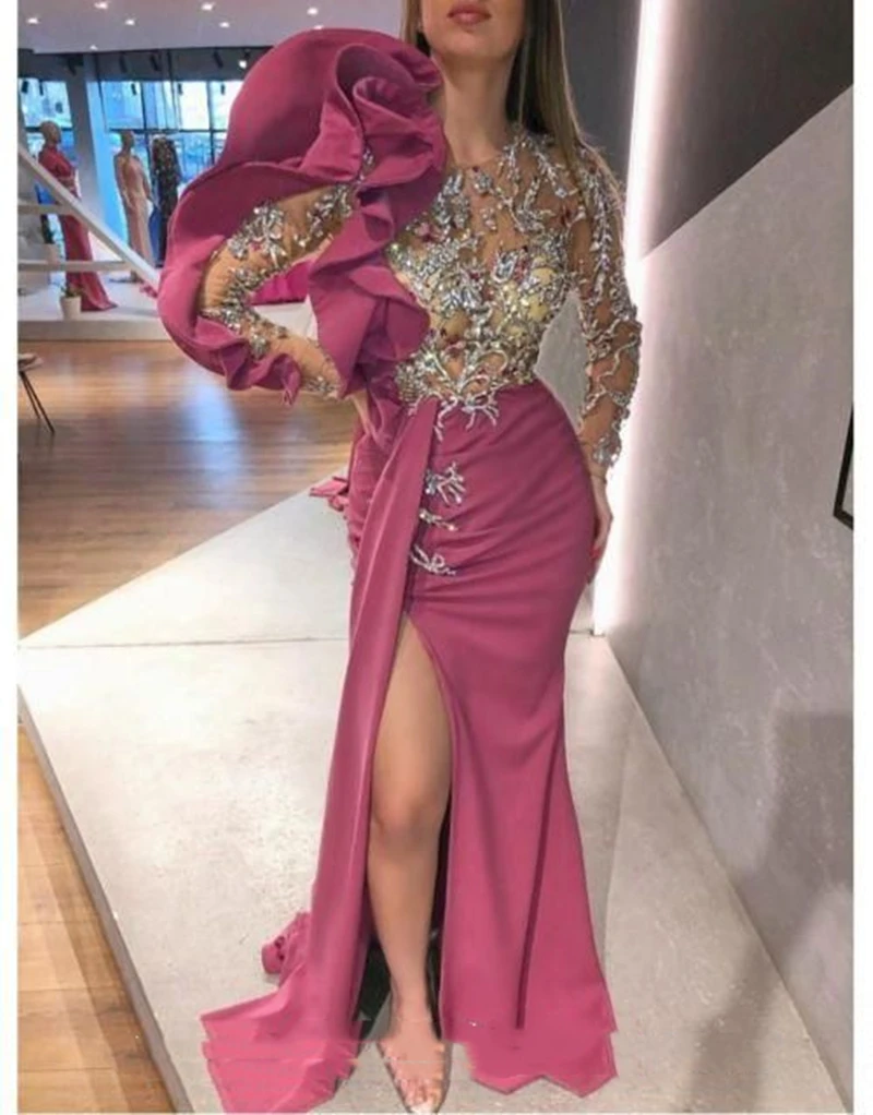 

Ruffles Long Sleeves Evening Dresses Beaded Appliques Side Split Sexy Special Occasion Gowns Women Long Prom Robe De Bal