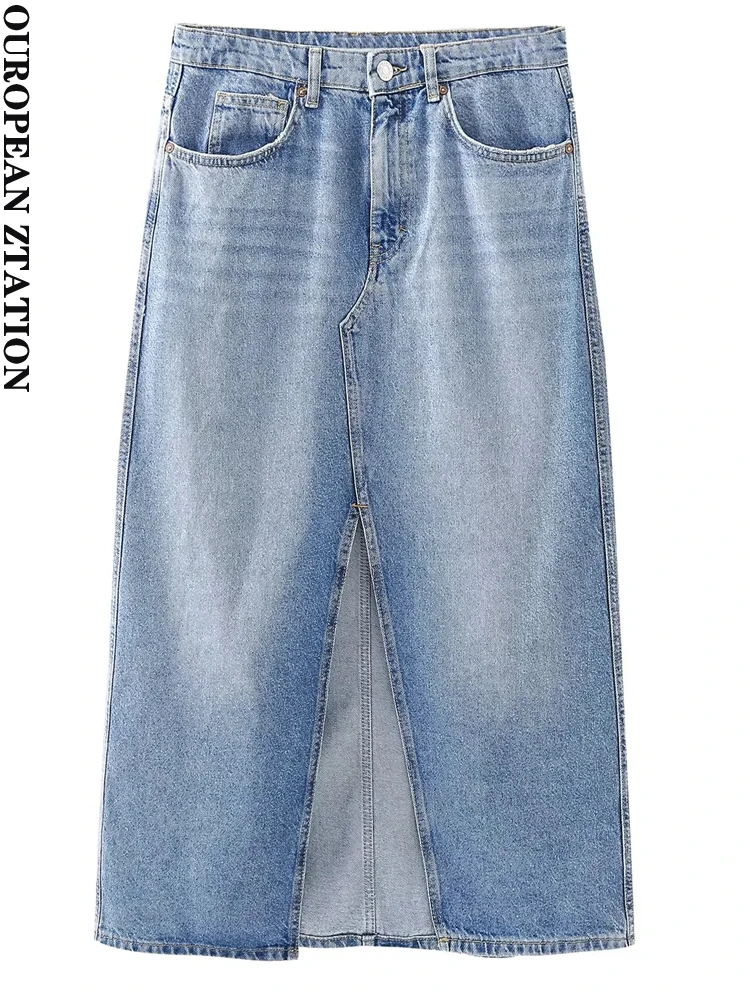 

PAILETE Women 2023 fashion with five pockets front slit denim midi skirt vintage high waist zipper fly female skirts mujer