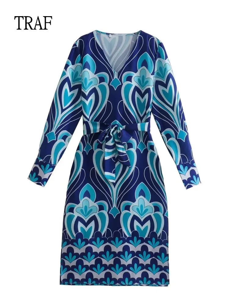 

TRAF Dresses Women Summer Vintage Print With Belted Long Dress Woman Boho African Dresses For Women Side Slit Casual Dresses