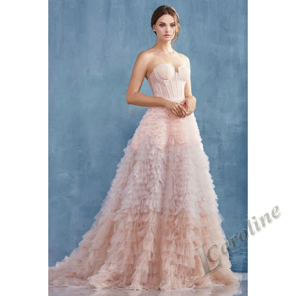 

Caroline Nude Pink Sweetheart Evening Dress Strapless Lace Appliques A-line Floor Lengrh Tiered Prom Gowns Party Custom Made