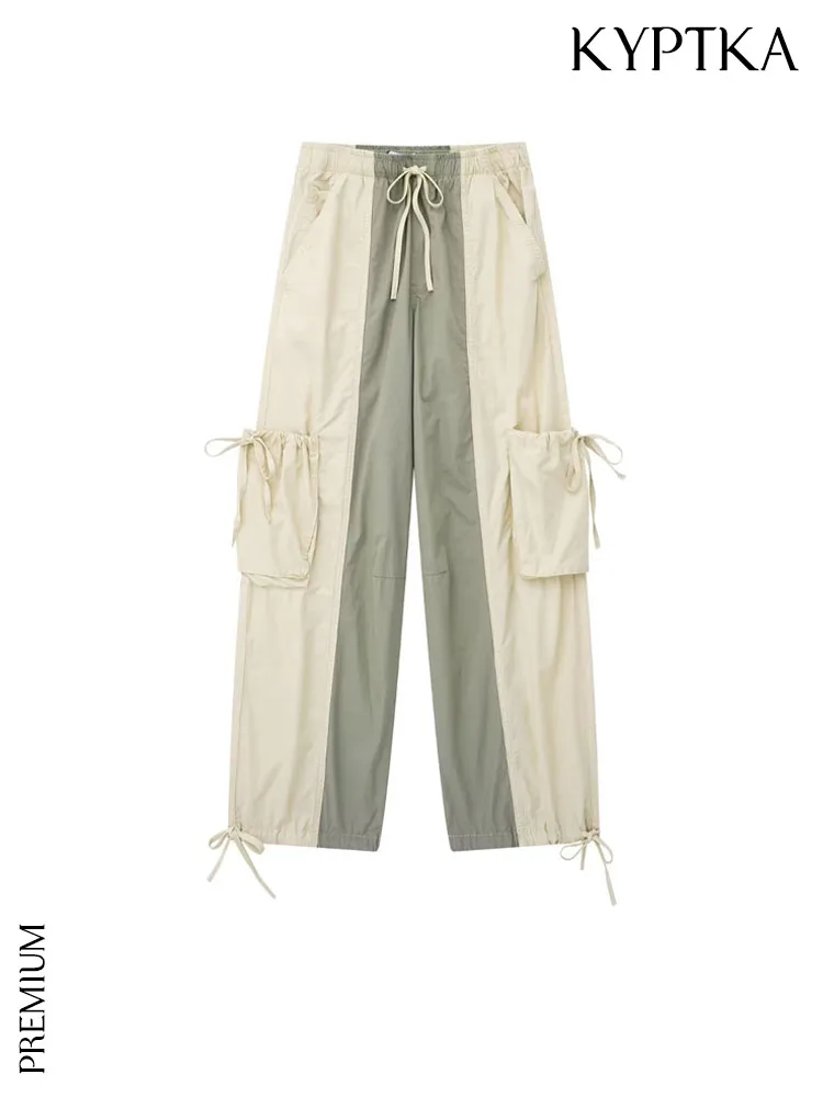 

KYPTKA Women Fashion Side Pockets Patchwork Parachute Pants Vintage Mid Elastic Waist With Drawstring Female Trousers Mujer