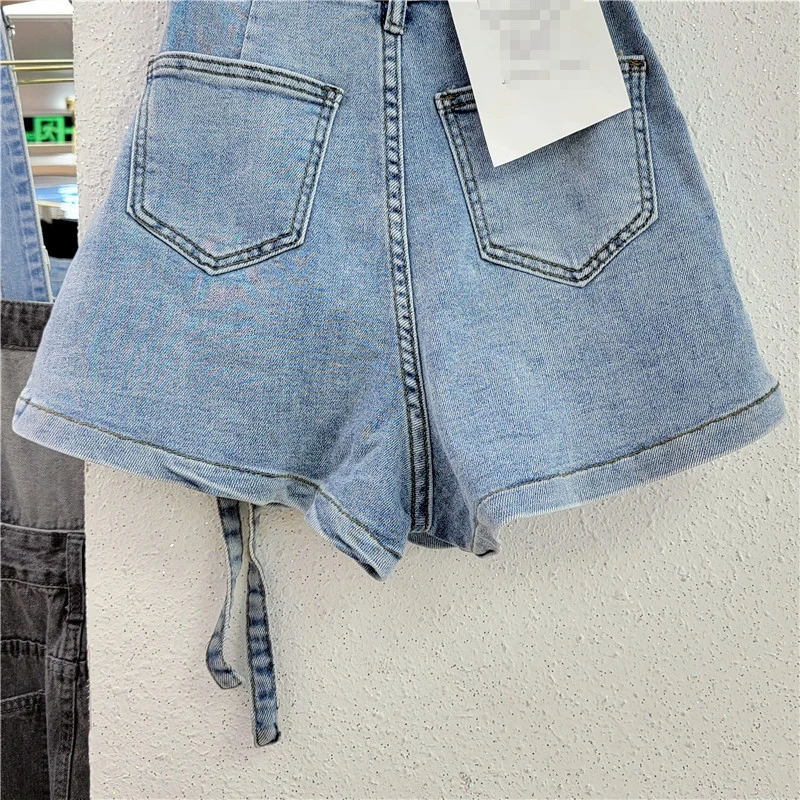 Korean Style Multi Pockets Cargo Denim Shorts Zipper Lace Up High Waist A-line Women Fashion Casual Jeans Culottes Streetwear