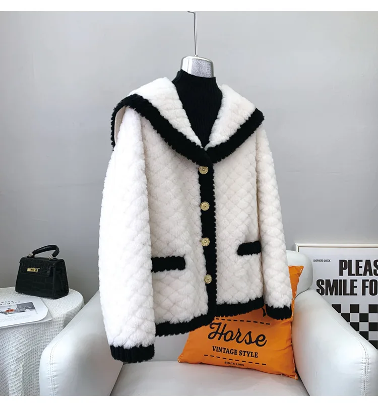

2023 Winter Fashion Youth New Navy Collar Sheep Sheared Fur Coat Women's Lamb Fur One Piece Coat Short