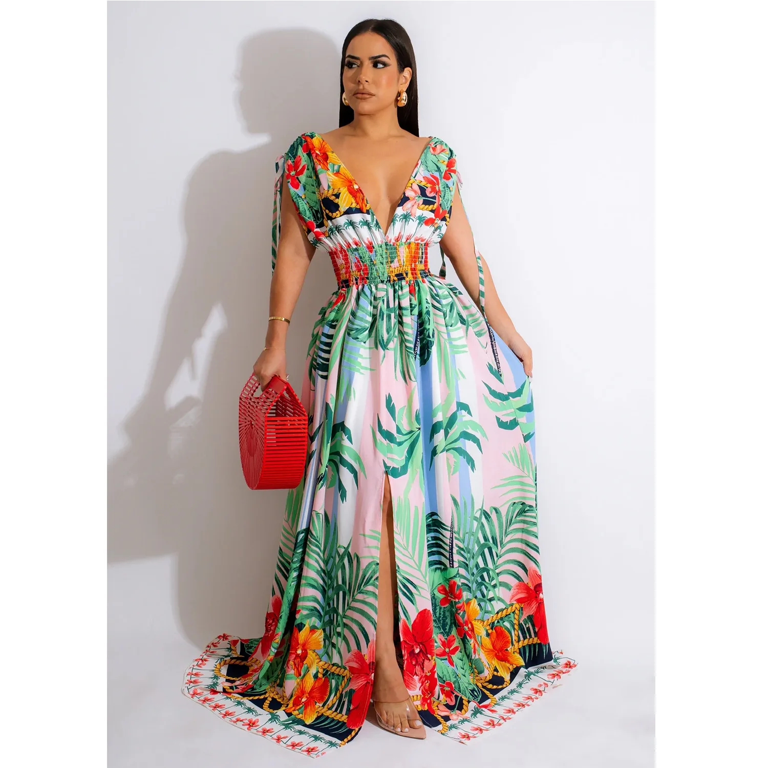 

2023 Spring Women's Flower Color Painting Sleeveless V-neck Long Dress Women