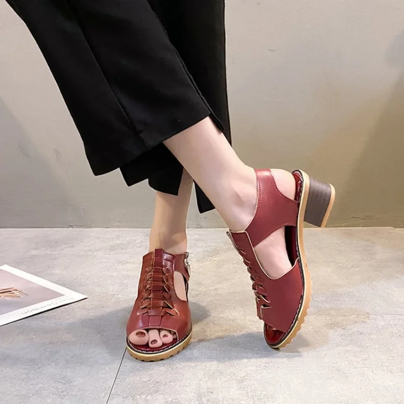 Women's Summer Sandals 2023 Thick Heel Round Head Hollow Side Zipper Sandals for Women Large Casual Roman Sandals for Women