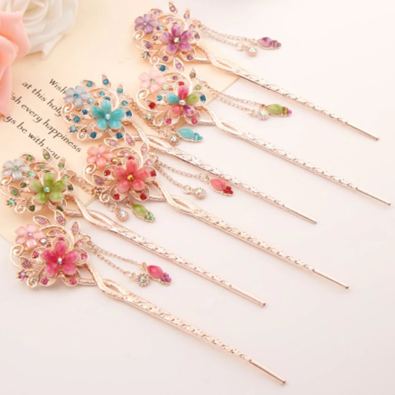

Vintage Chinese Style Hair Stick Metal Rhinestone Chopsticks Women Tassel Pearl Flower Hairpin Hair Clip Pin Jewelry Accessories