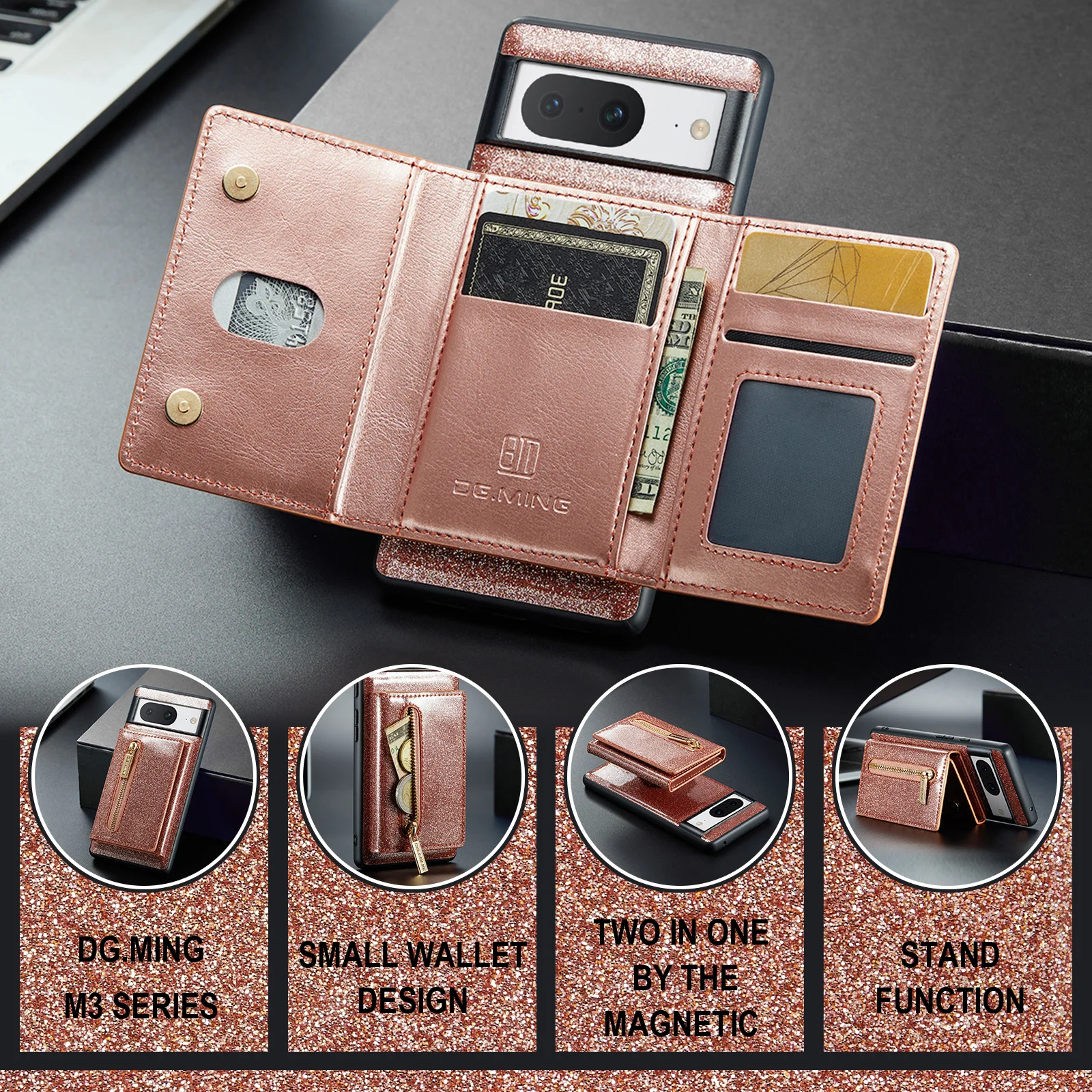 Glitter Zipper Card Pocket Magnetic Phone Case For Google Pixel 8 7 6 Pro 7A 6A Shockproof Stand Wallet Protective Leather Cover