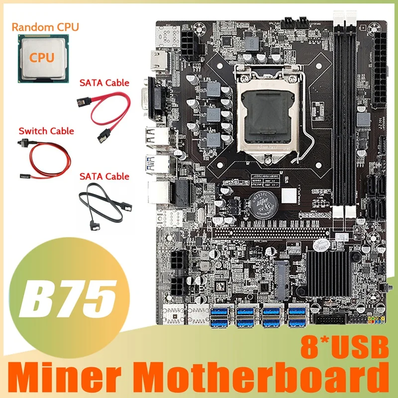 

B75 ETH Mining Motherboard 8XPCIE To USB+Random CPU+2XSATA Cable+Switch Cable LGA1155 MSATA B75 USB Miner Motherboard
