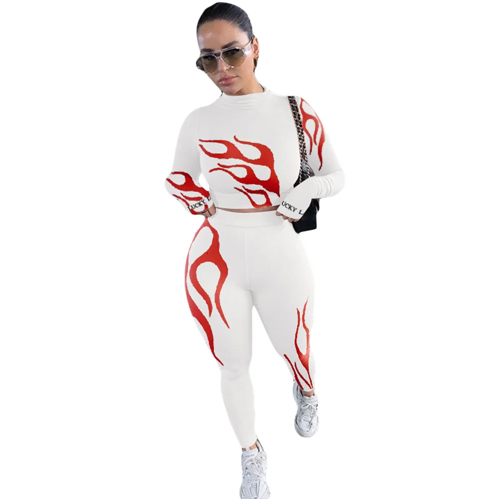 

Plus Size 2 New Lucky Piece Label Set Women Fire Print Crop Top Lenggins Skinny Outfits Tracksuit Matching Set Girl Dropshpping