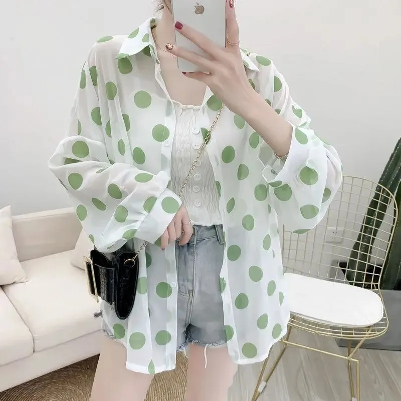 

Summer Women Dots Print Thin Sunscreen Jacket Polka Dot Chiffon Shirt Jacket Lapel Long Sleeve Ladies Casual Sun Protection Coat