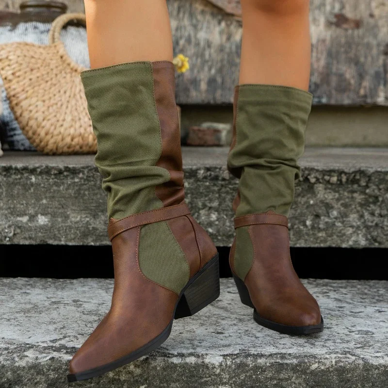 

Retro Mixed Colors Rome Women's Boots 2023 Autumn Winter New Pointed Toe Ladies Boots Comfortable Square Heel Mid-Calf Boots