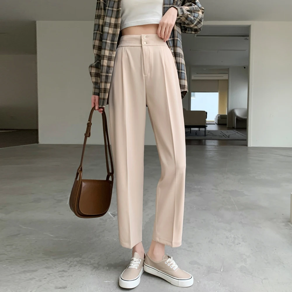 Black Suit Pants Women Spring Summer New Loose Straight Pants High Waist Basics Ankle Length Trousers Female