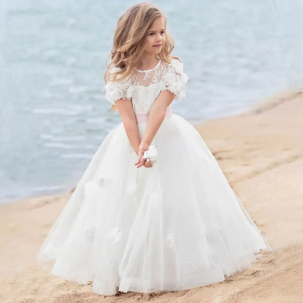 

Puffy Kids Flower Appliques Communion Dress Girl Lace Scoop Flower Girl Dresses Kids Tulle Emboridery Aline Girl Party Dresses