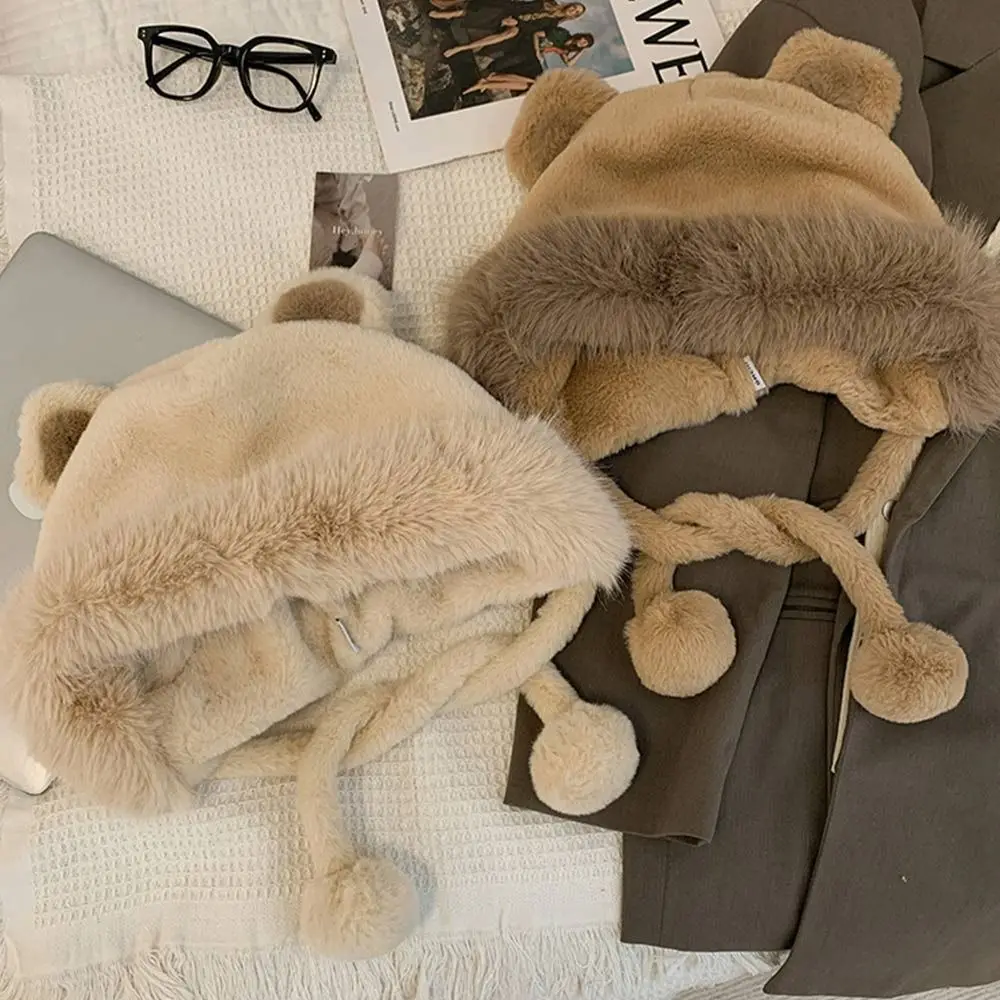 

Утолщенный пуловер Кепка защита ушей из искусственного кроличьего меха шапка «все в одном» плюшевый теплый шарф с ушами «медвежьи уши» шарф с капюшоном